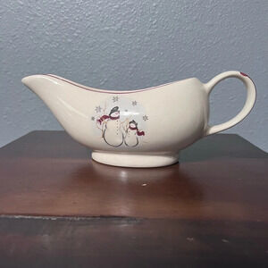 Royal Seasons Stoneware Red Rim w/ Snowflakes & Snowman Gravy Boat Christmas.